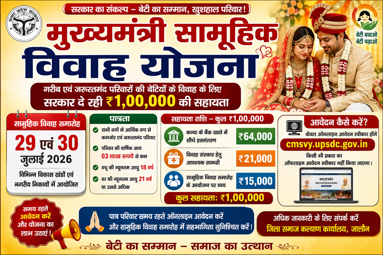 मुख्यमंत्री सामूहिक विवाह योजना: 29-30 जुलाई को होगा सामूहिक विवाह, सरकार देगी 1 लाख की सहायता